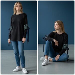 Ovelia Transtoto Black Cotton Crewneck T-Shirt Jacquard Embellished Sleeves Sz M